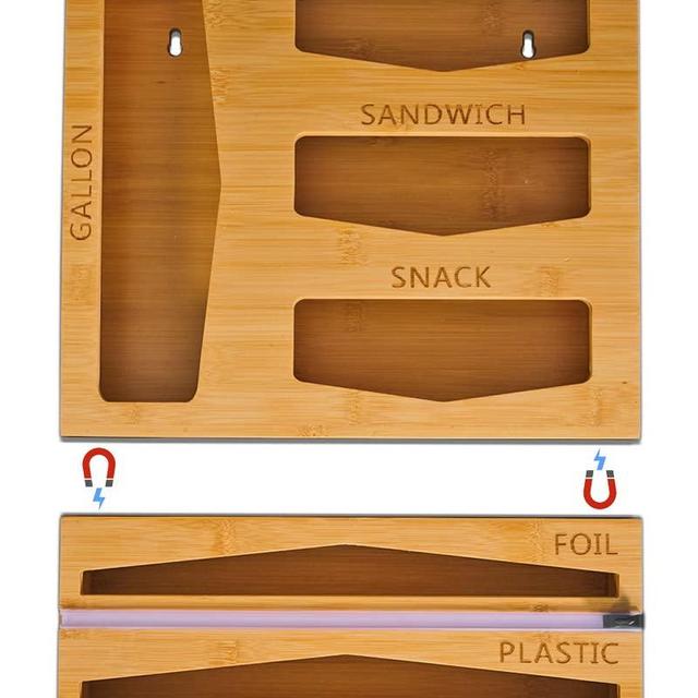Foil and Plastic Wrap Organizer, Magnetic Dispenser with Cutter, 6 in 1 Aluminum Dispenser, Bamboo Storage Kitchen Drawer Organizer for Foil, Ziploc, Gallon, Quart, Sandwich, Snack, standard large