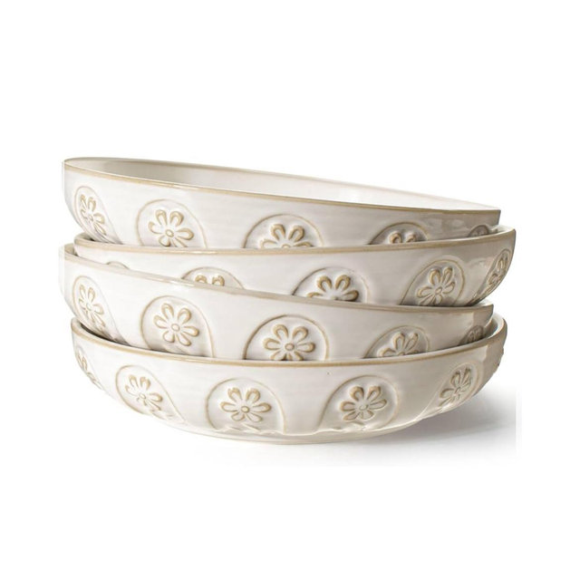 Artena Pasta Bowls, 50oz Large Salad Serving Bowls, 9.75'' Plates Bowls Set of 4, Big White Ceramic Soup Bowls for Kitchen, Embossment Shallow Dinner Bowl, Microwave Dishwasher Safe, Pinwheel Flower