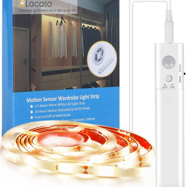 Lacasa Motion Activated LED Light Strip 60" 1.5M, Battery Powered Motion Sensor Closet Lights, Warm White, Auto or Switch On/Off, for Kitchen Under Cabinet, Wardrobe, Cupboard, Bathroom