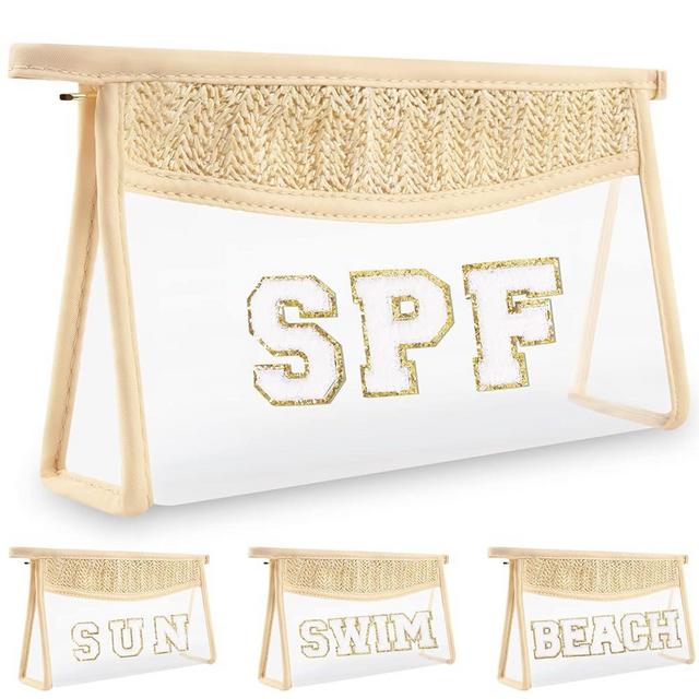 Clear Makeup Letter Patch Makeup Bag SPF Pouch, Boho Clear Toiletry Bag Travel Preppy Small Cute Stadium Letter Cosmetic Zipper Pouch Purse, Transparent Waterproof Beige Beach Makeup Pouch Clutch(SPF)
