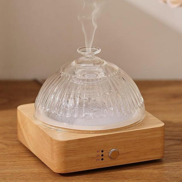 Lecdura Glass Essential Oil Diffuser with Glass Reservoir & Wood Base - Plastic Free, 200ml Lock Color Timer Auto-Off 7 Color Light Aroma Glass Dome Diffuser for Gift Home Office Bedroom Yoga