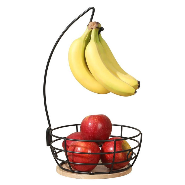 Gibson Home Harvest Season Fruit Basket Bowl with Banana Hanger – Black Metal Wire & Rubberwood Base – Countertop Produce Stand for Apples, Bananas, Oranges – Kitchen Storage Organizer