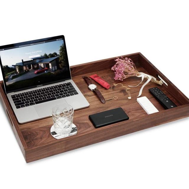 MAGIGO 28 x 18 Inches Extra Large Rectangle Black Walnut Wood Ottoman Tray with Handles, Serve Tea, Coffee or Breakfast in Bed, Classic Wooden Decorative Serving Tray