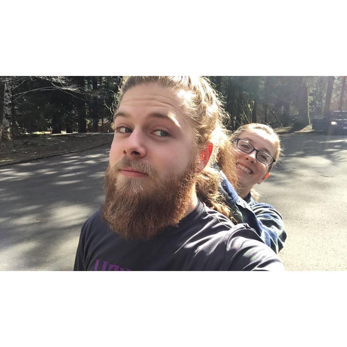 In anticipation of Kaitlin's second niece, Kiah, being born, we spent my spring break in Washington. While there we did some hiking. Here, Kaitlin braids back my hair before the hike. (March 2019)