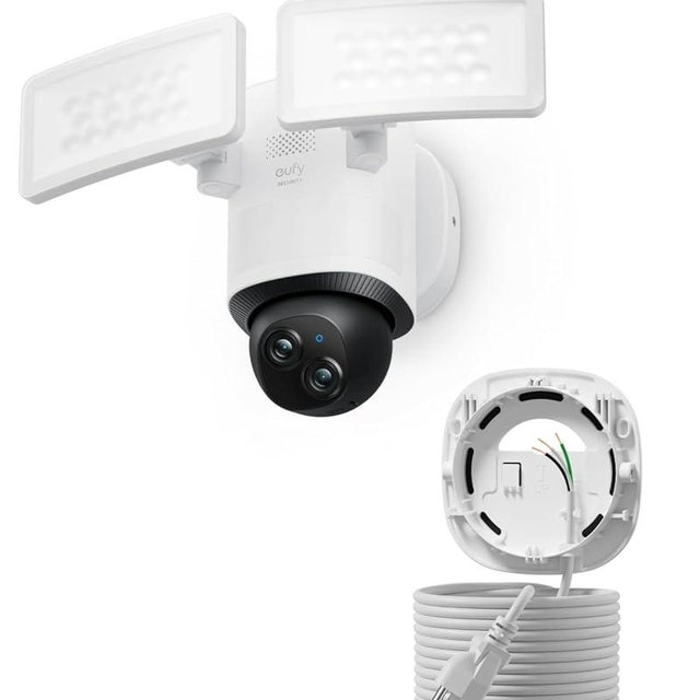 eufy Floodlight Camera E340 with AC Cable, Security Camera Outdoor, 360° PTZ, 24/7 Recording, 2.4G/5G Wi-Fi, 2000 LM, Motion Detection, Built-in Siren, Dual Cam, HB3 Compatible, No Monthly Fee