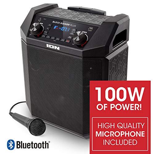 ION Audio Block Rocker Plus | 100W Portable Speaker, Battery Powered with Bluetooth, Microphone & Cable, AM/FM Radio, Wheels & Telescopic Handle and USB Charging For Smartphones & Tablets