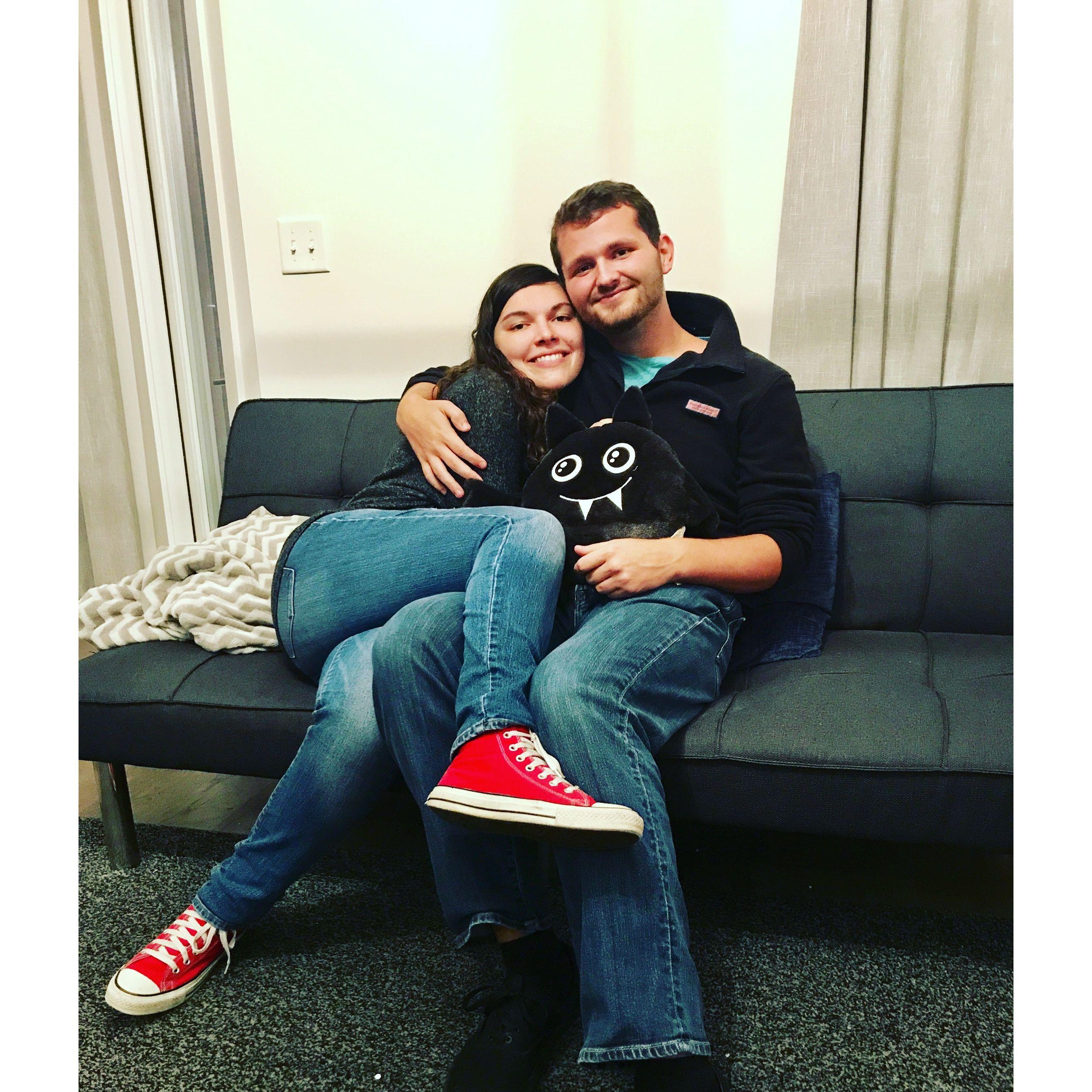 In our freshman year dorm, on the couch where we met.