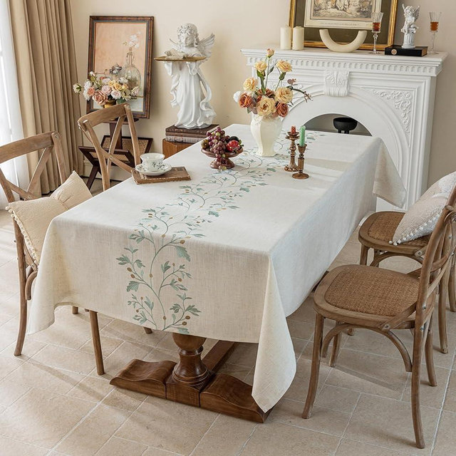 Joyfol Day Rustic Waterproof Linen Tablecloth, Heavy Weight Beige Embroidery Table Cloths for Rectangle Tables, Burlap Farmhouse Table Covers (Green Leaves, 55''x 102'')