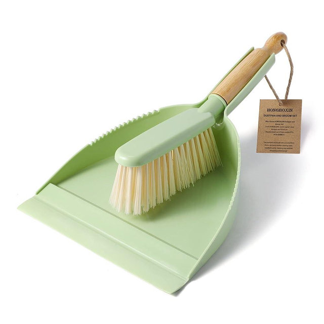 HONGBOXIN Small Dustpan and Brush Set, Mini Broom and Dustpan Set, Pet Dustpan, Hand Broom and Dust Pan Combo Set for Home, Floor, Office, Green