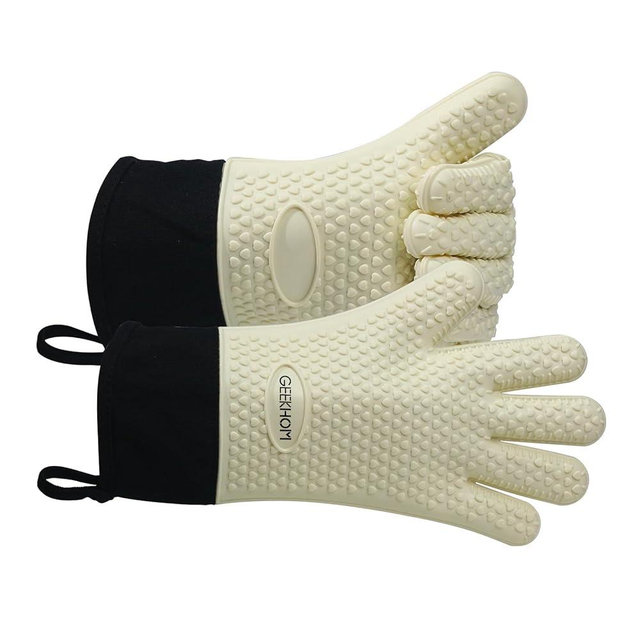 GEEKHOM BBQ Gloves Heat Resistant Oven Mitts - Silicone Grilling Gloves with 13.7" Arm Protection - Waterproof Pot Holder Non-Slip for Men & Women, Kitchen Outdoor Cooking, Baking, Camping, Mint Beige