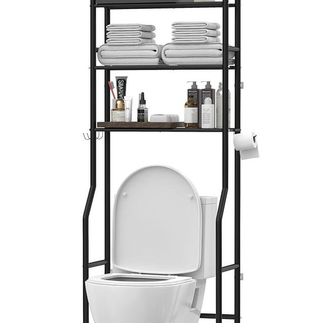 Livilord 3-Tier Over The Toilet Storage, Freestanding Metal Bathroom Shelves with 4 Hooks, Over Toilet Storage Shelf with Paper Holder, Above The Toilet Shelf for Bathroom Storage, Black