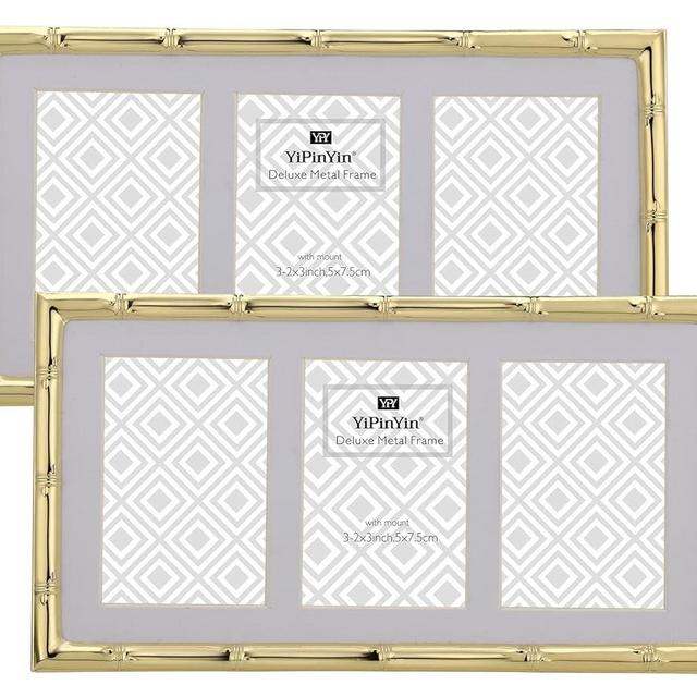 3-2x3'' Gold Multi Metal Picture Frames 2pack, Elegant Bamboo Detail Designs Gold Plated Photo Frames 3-2x3'' Baby Nurse frames With Soft Touch Velvet Backing for Desktop and Wall Décor(Gold)