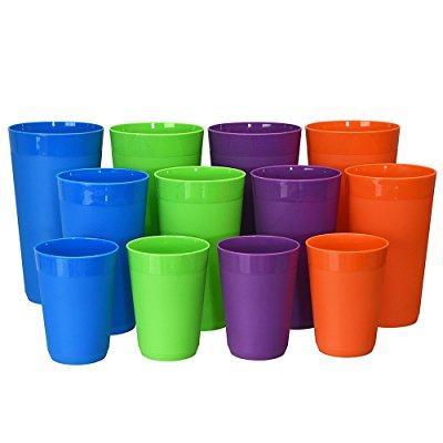12pc newport unbreakable plastic cup tumblers in 4 tropical colors, four 10oz juice, four 20oz water and four 32oz iced tea