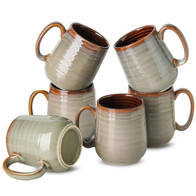 Hasense 12 oz Coffee Mugs, Coffee Cups Ceramic Set of 6, Stoneware Latte Mug with Large Handle for Coffee, Tea, Milk and Chocolate,Easy Hold & Clean, Dishwasher & Microwave Safe, Light Grey