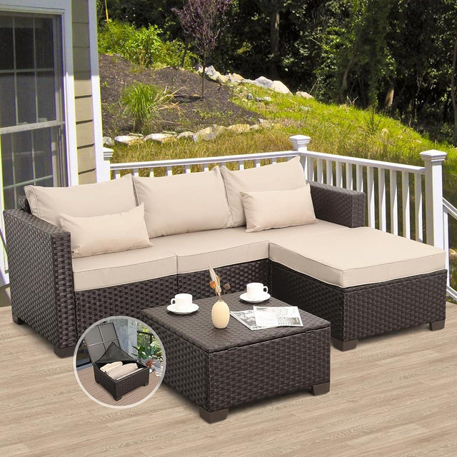 Patio Furniture Set 3 Pieces Outdoor Sectional Sofa Set Wicker Patio Furniture Outdoor Couch Outdoor Ottoman Coffee Table with Storage All-Weather Anti-Slip Cushions Waterproof Covers, Khaki