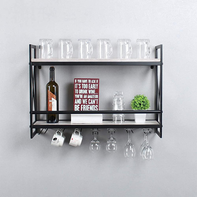 MBQQ Rustic Wall Mounted Wine Racks with 7 Stem Glass Holder,30in Industrial Metal Hanging Wine Rack,2-Tiers Wood Shelf Floating Shelves,Home Room Living Room Kitchen Decor Display Rack,Retro White