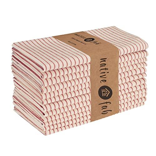 Native Fab Set of 12 Farmhouse Stripe Cloth Dinner Napkins Cotton 18x18 Absorbent Soft Restaurant Hotel Quality, Everyday Use Easy Care Washable Wedding Dinner Napkins Red Beige