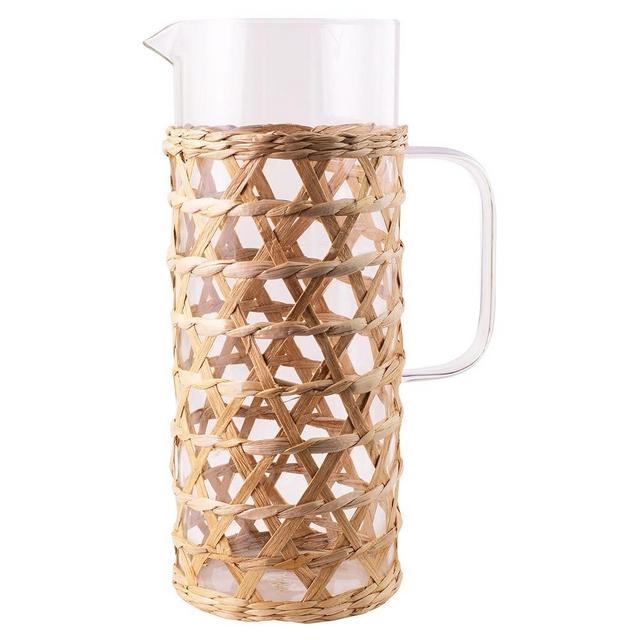 Lilly Pulitzer Drink Pitcher, Glass Pitcher with Handle, Spout and Raffia Covering, Raffia