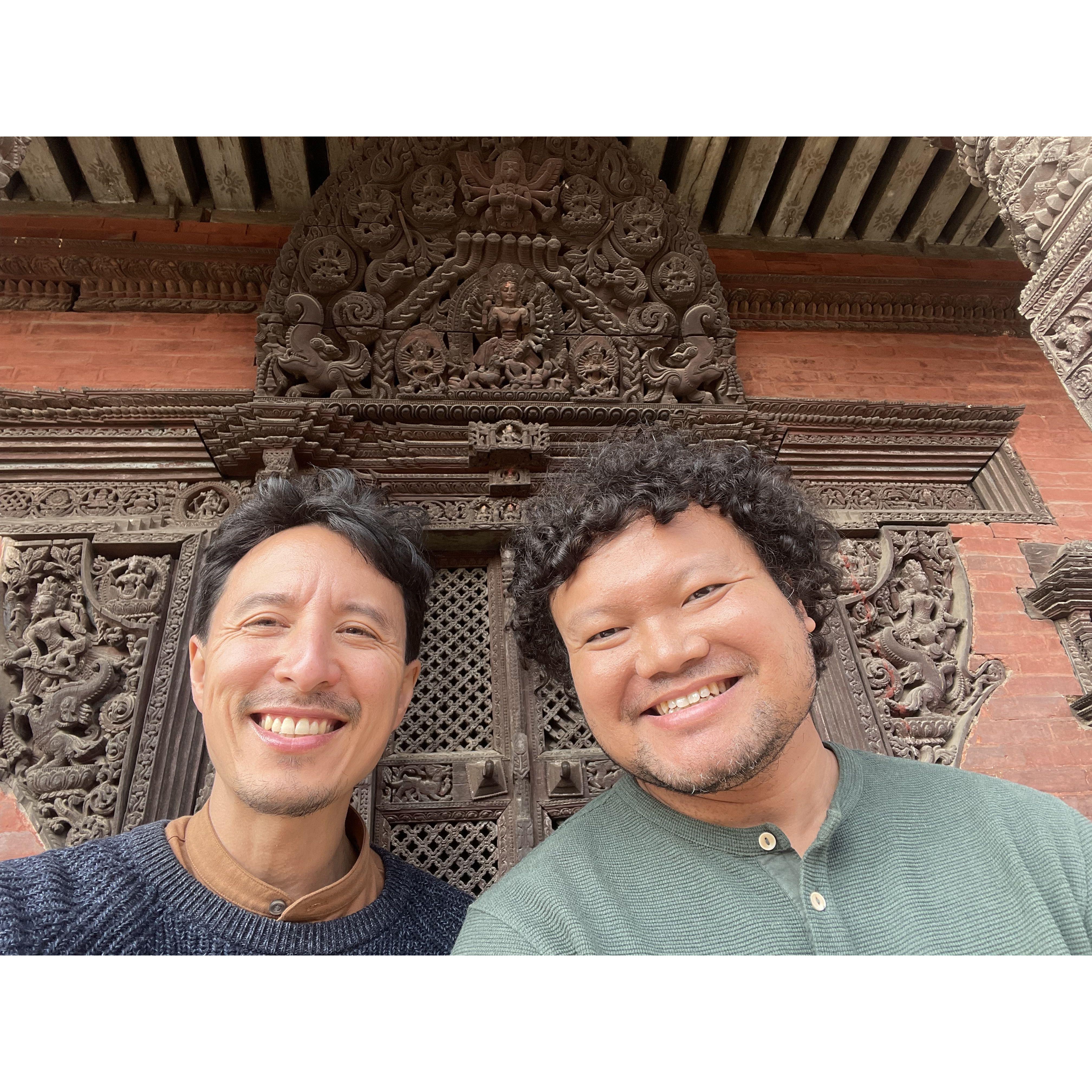 Bhaktapur, Nepal. This photo was taken in front of some exquisite Newari wood carving from our Nepal trip in January 2024.