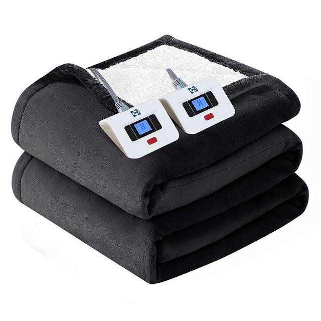 SEALY Electric Blanket Queen Size, Flannel & Sherpa Heated Blanket with 10 Heating Levels & 1-12 Hours Auto Shut Off, Fast Heating Blanket, Machine Washable, Grey, 84 x 90 Inch