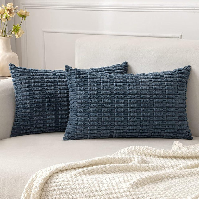 MIULEE Pack of 2 Corduroy Decorative Throw Pillow Covers 12x20 Inch Soft Boho Striped Pillow Covers Modern Farmhouse Home Decor for Sofa Living Room Couch Bed Coastal Blue