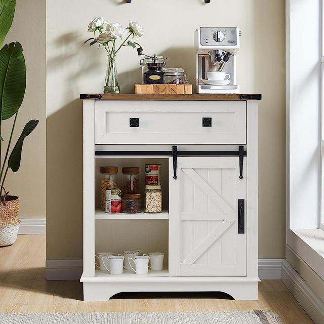 OKD Farmhouse Coffee Bar Cabinet, 32 Inch Buffet Sideboard with Sliding Barn Door, Drawer, Adjustable Storage Shelves, Wood Accent Floor Cabinet for Kitchen, Dining Room, Living Room, Antique White