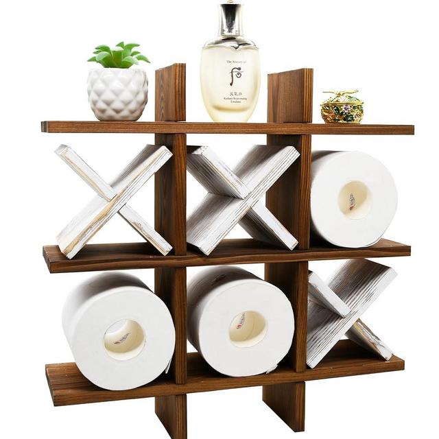Owlgift Tic Tac Toe Toilet Paper Holder Rack Rustic Burnt Wooden Toilet Paper Storage Bathroom Hanging Storage Wall Mounted Shelves Décor for Toilet Tissue Farmhouse