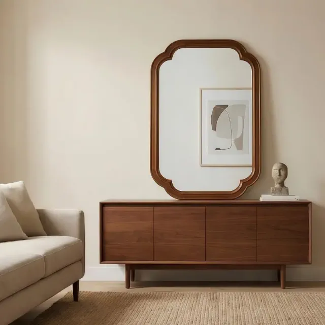 24" x 36" Wall Mirror with Walnut Solid Wood Frame, Rounded Corners, Decorative Mirror for Bathroom, Bedroom, Living Room, Entryway-Panipeachy
