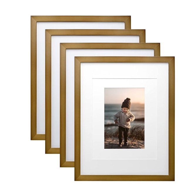 KINLINK 11x14 Picture Frames Brown - Wood Frames with Acrylic Plexiglass for Pictures 5x7/8x10 with Mat or 11x14 without Mat, Tabletop and Wall Mounting Display, Set of 4