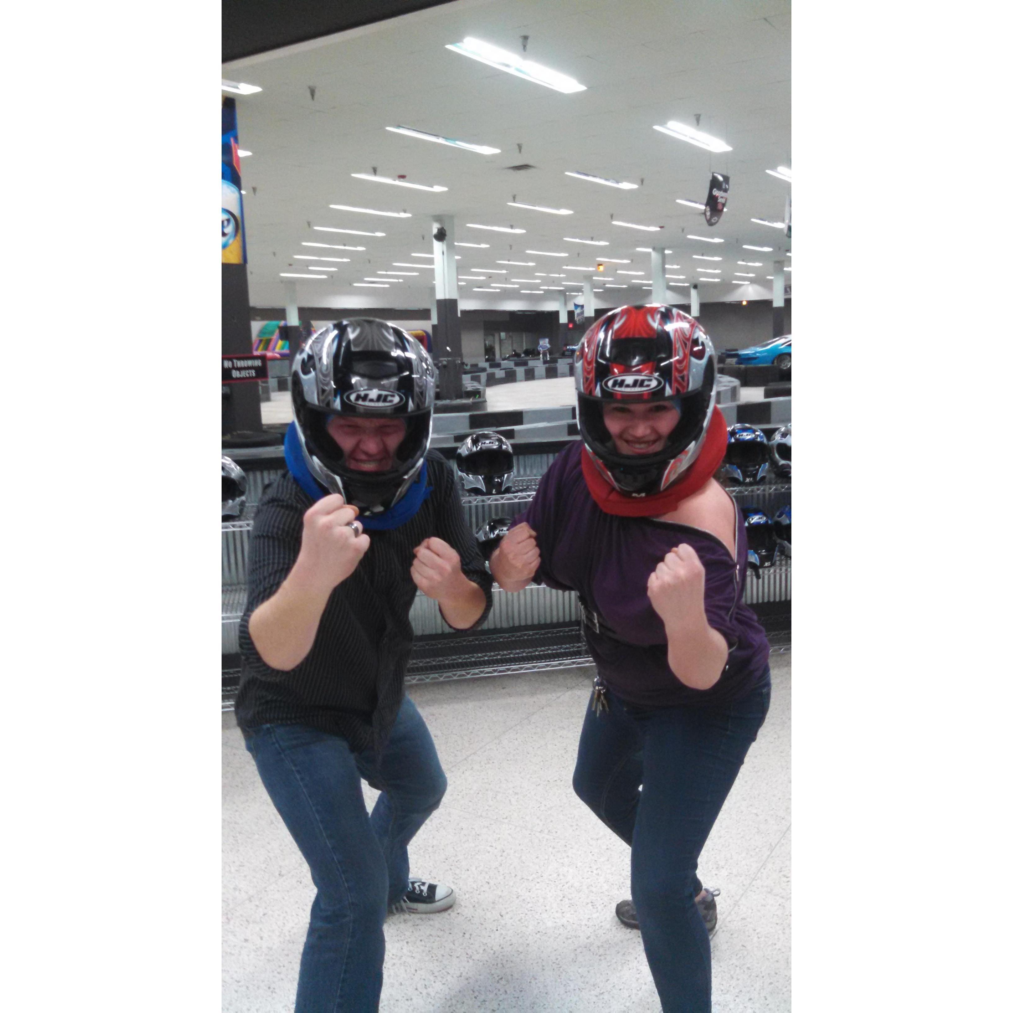 While Go-Karting Eric threw a turtle shell and knocked one of Christina tires off her go-kart!!!