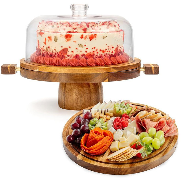 Acacia Wood Cake Stand with Lid – 3-in-1 Split Design, Magnetic Base with Detachable Handles & Acrylic Cake Stand Dome Cover – Charcuterie Board, Serving Platter for Cakes, Cheese & More (11”)
