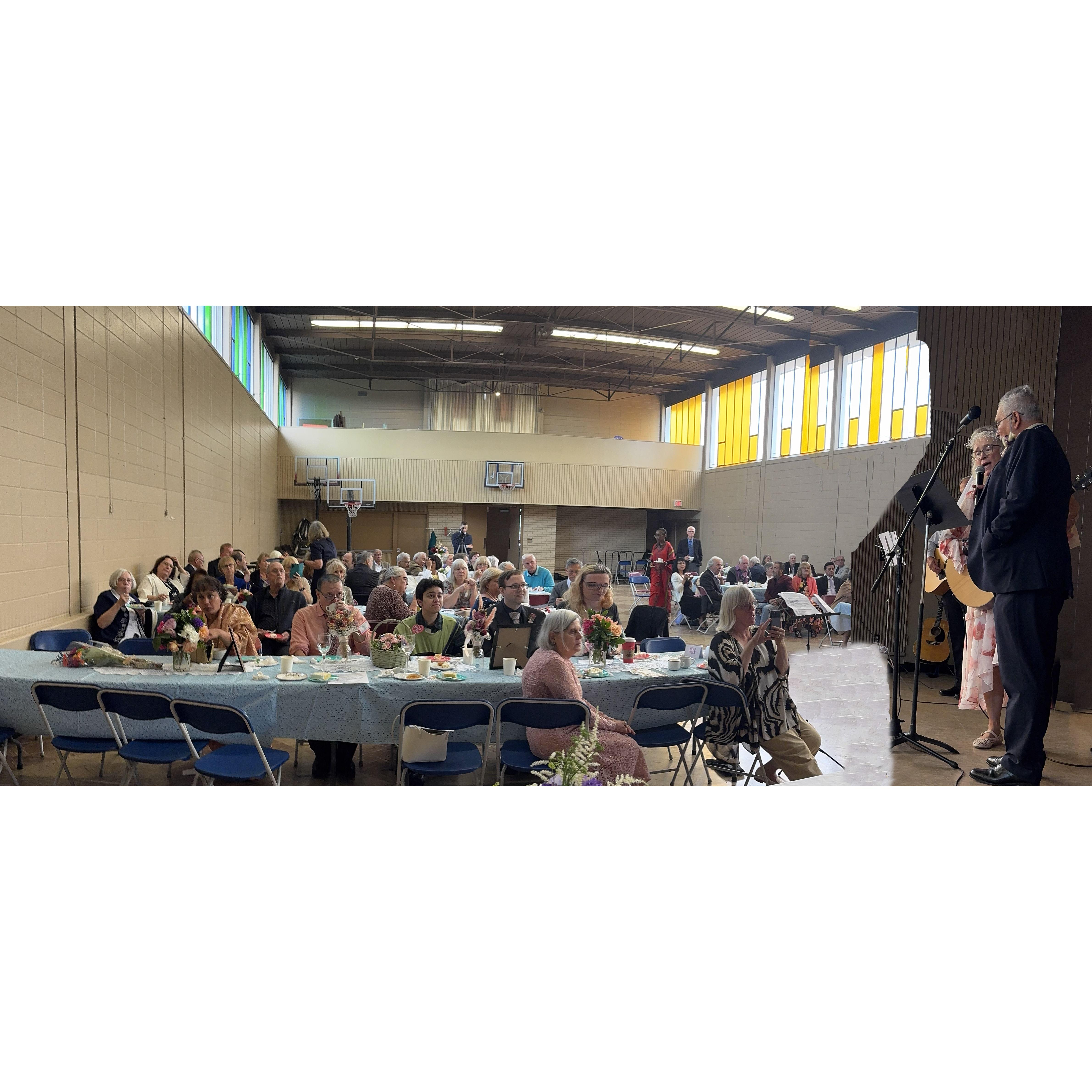 Church lunch reception. Anita and Leonard sing "I DO & I LOVE YOU".