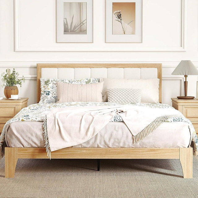 HOMCOM Queen Size Bed Frame, Platform Bed Frame with Upholstered Headboard and Wooden Slats, No Box Spring Needed, Easy Assembly, Natural