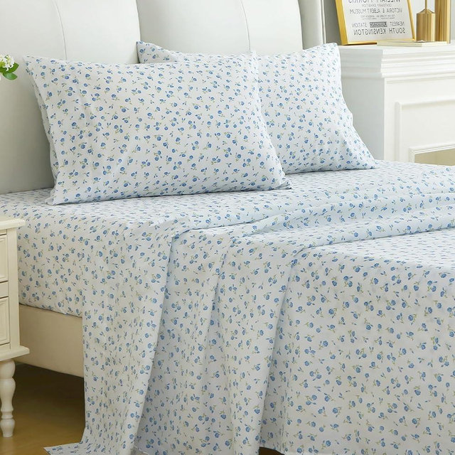 MUXHOMO Queen Size 4 Piece Sheet Set, Soft Breathable Bed Sheet Set for Bedroom with Deep Pocket Up to 16", Wrinkle-Free & Cooling Bedding for Oeko-TEX Certified - Floral Blue