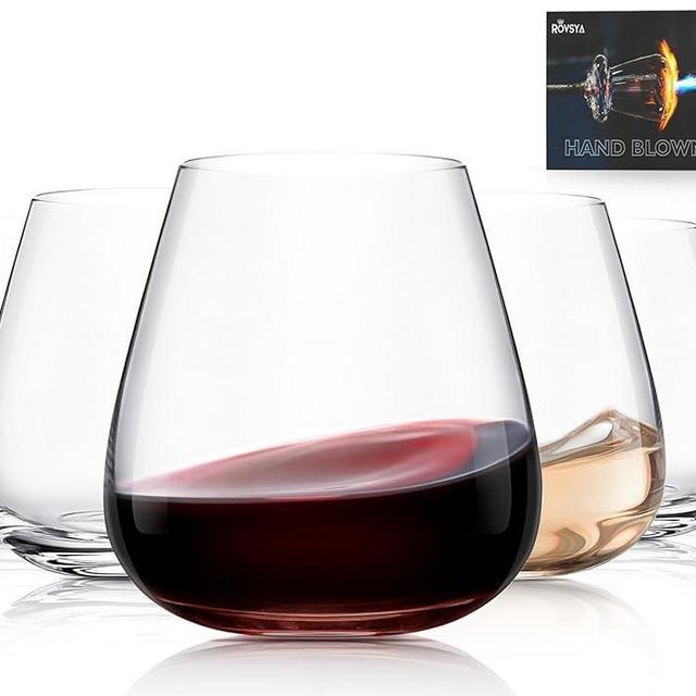 OJA Stemless Wine Glasses Set of 6, 15oz Hand Blown Crystal Red White Wine Glass, Ideal for Daily Use and Special Days, Perfect Gifts for Both Men and Women