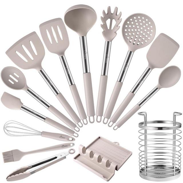 HOTEC Heat Resistant Silicone Kitchen Utensils, Cooking Utensil Set, Spatula Set, BPA Free, Kitchen Gadgets, With Stainless Steel Utensils Holder, Dishwasher Safe 14pcs Khaki
