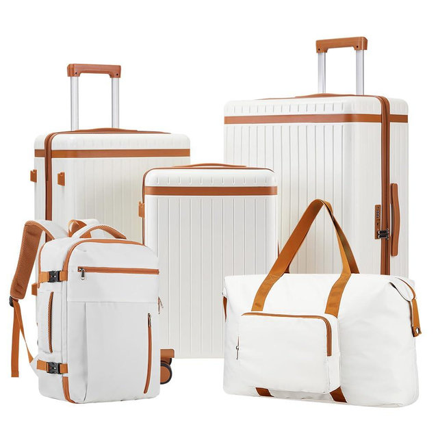Tidal flash Hardshell Luggage Sets 5 Piece with Backpack, Durable Hardside Suitcases Set with Spinner Wheels and TSA Lock, White-Brown