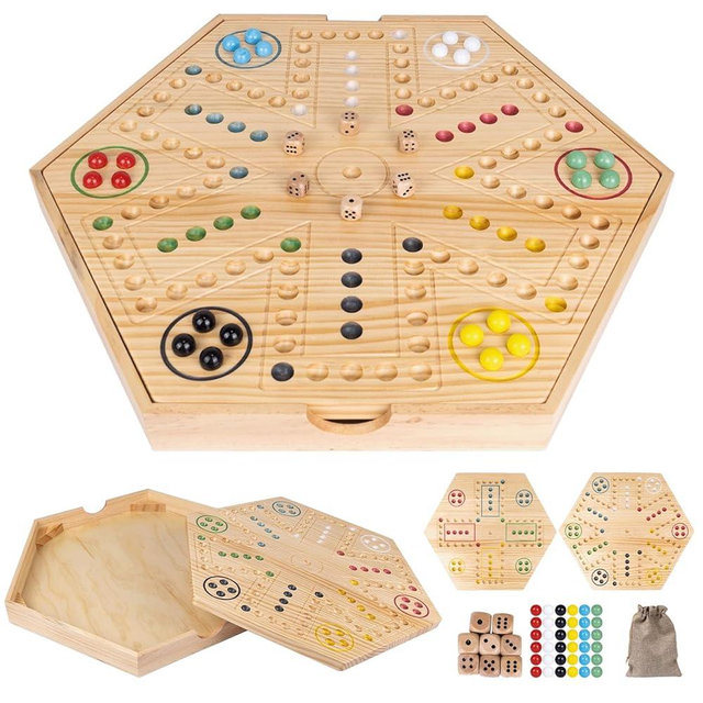 20 inch Wahoo Board Game,2 in 1 Marble Board Game with Storage Function,Wooden Fast Track Game Suitable for 4 or 6 Players,with 36 Glass Marbles,8 Dice,Storage Bag and Instruction Manual