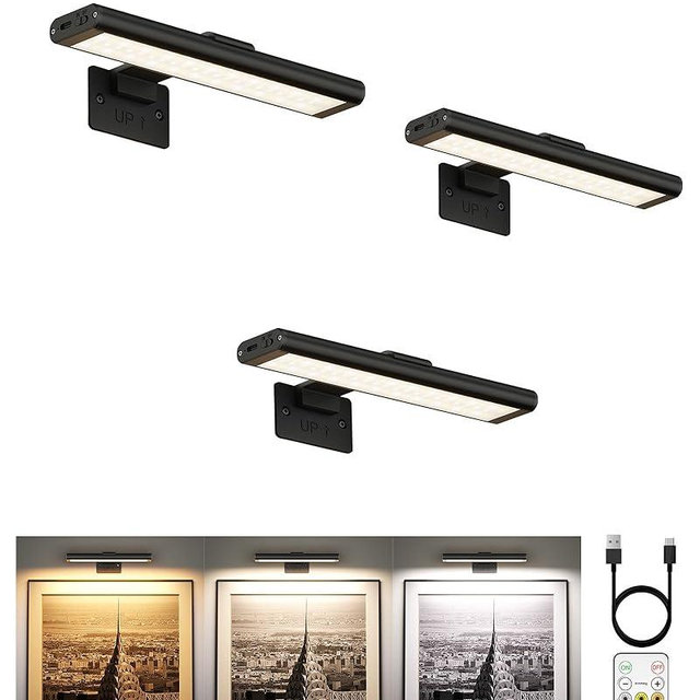 EZVALO Picture Light for Wall, Rechargeable 2400mAh Battery Lights Wireless Remote, 3 Color & Dimmable Magnetic 8'' LED Lights Display for Painting, Living Room, Gallery, Bedroom, Dashboard(Black-3P)