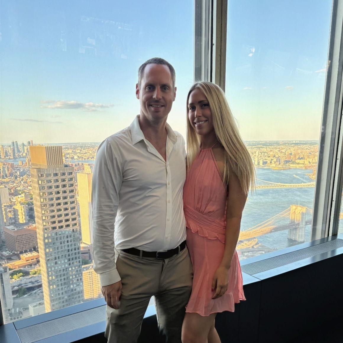 A photo from our first anniversary dinner at Manhatta. One year down, forever to go.