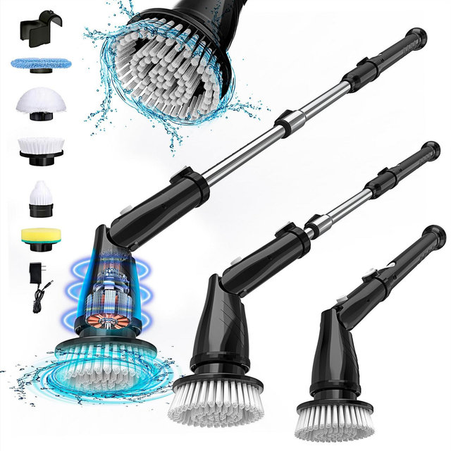 TASVAC EB5 Electric Spin Scrubber, 450RPM Cordless Shower Cleaner with 5 Replaceable Cleaning Heads and Adjustable Extension Arm BLACK