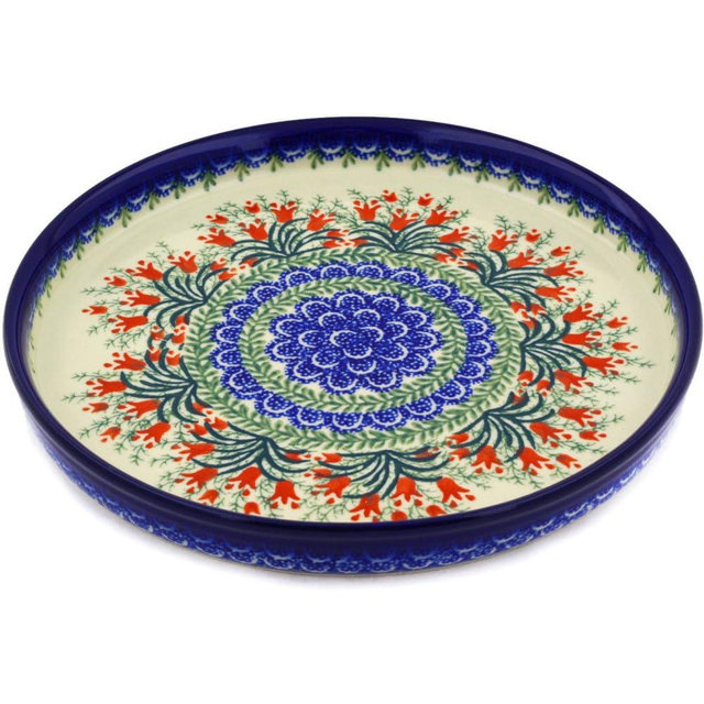 Polmedia Polish Pottery Cookie Platter 10-inch - Crimson Bells Pattern Handmade in Boleslawiec Poland by Ceramika Artystyczna + Certificate of Authenticity