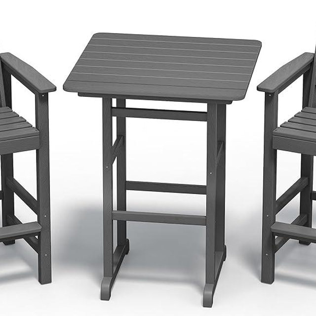 SERWALL Balcony Adirondack Chairs and Table 3 Pieces Set, Adirondack Bar Height Chairs Set of 2 and Bar Table, Outdoor Bar Stools Set, Gray