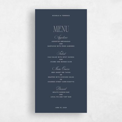 Grayed Navy, Blue Wedding Menu - Solange