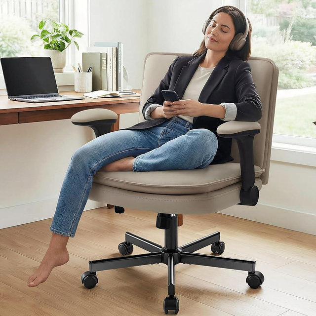 Hayelf Criss Cross Office Chair with Wheels - PU Leather Wide Criss Cross Desk Chair with Flip-up Arms and Thick Cushion - Comfy Tilting Swivel Rolling Vanity Chair for Home Office Bedroom Apartment