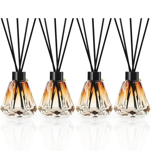Reed Diffuser Set - 4 Empty Bottles with 20 Sticks, Delicate Gold Leaf Decor, Glass Fragrance Diffuser with Lids for Home, Bathroom | Refillable, Diamond Style (4 PCS Black)