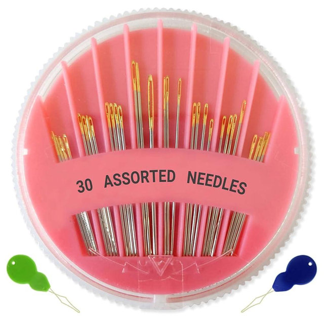 30 Pack Premium Hand Sewing Needles, Assorted Sizes, Large Eye Stitching Needles for Sewing, Repair & Embroidery