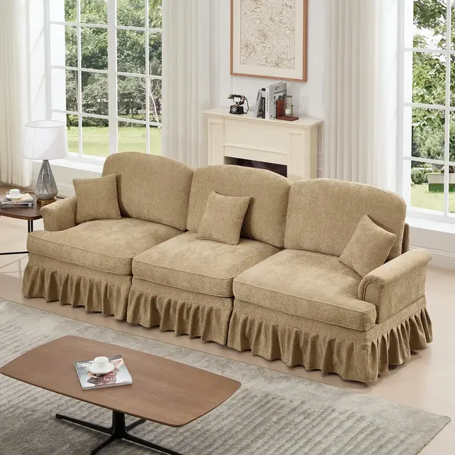 Hrinhom 107"W Elegant Mid Century Large 3 Seater Sofa Couch with Flared Arms and Removable Ruffles Pleats Skirts-Light Coffee