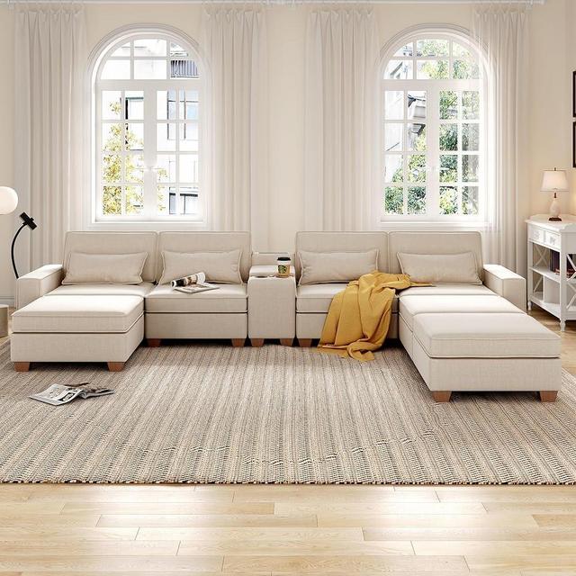 Tornama Modular Sectional Sofa, Convertible U Shaped Sofa Couch with Central Console & USB Ports, 7 Seat Modular Sectionals Sofa Couch with Chaise and Storage for Living Room, Beige