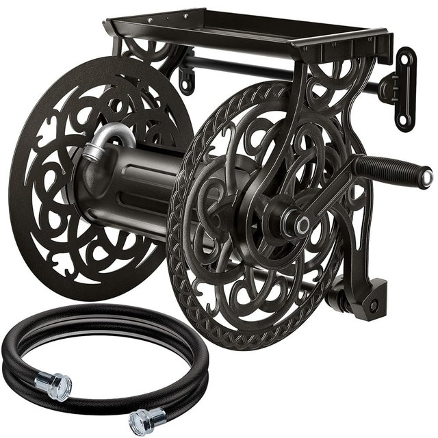 Metal Wall Mount Garden Hose Reel for Outside, Holds 125 ft x 5/8'' Hose Storage, Decorative Heavy Duty Water Hose Holder Aluminum Frame, No-Leak Aluminum Water System, Easy Assmbly, Dark Bronze